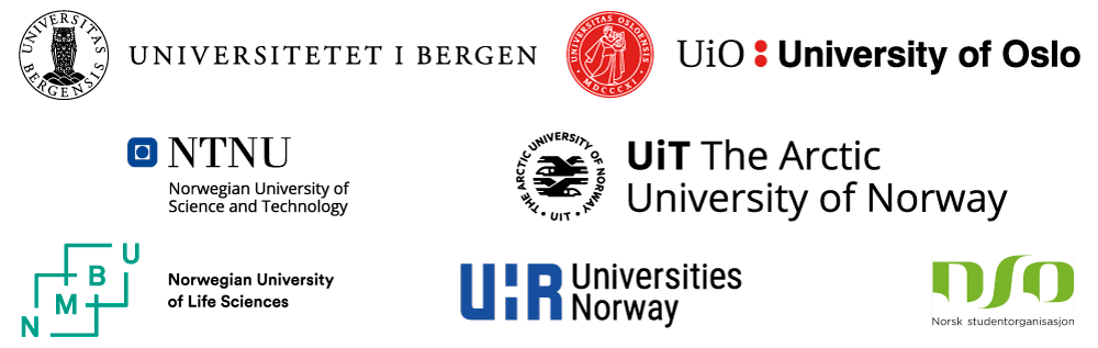 Graphic showing logos of Universioty of Bergen, University of Oslo, Norwegian University of Science and Techncnology, The Artic University of Norway, Norwegian University of Life Science, Universities Norway, and The National Union of Students in Norway 