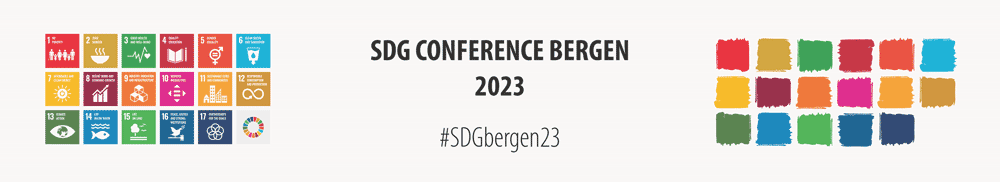 Header graphic showing de different SDG symbols, the title of the conference: SDG Conference Bergen 2023 with #SDGbergen23